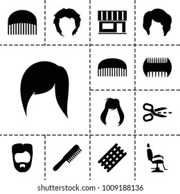 Haircut icons. set of 13 editable filled haircut icons such as comb, hair curler, woman hairstyle, man hairstyle, hairstyle, beauty salon, barber chair