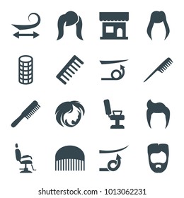 Haircut icons. set of 16 editable filled haircut icons such as comb, woman hairstyle, man hairstyle, beauty salon, barber chair, curly hair, straight hair, hairstyle