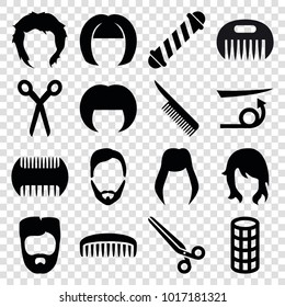 Haircut icons. set of 16 editable filled haircut icons such as barber scissors, comb, woman hairstyle, hair curler, straight hair, man hairstyle