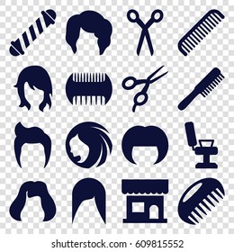 Haircut icons set. set of 16 haircut filled icons such as comb, barber scissors, man hairstyle, woman hairstyle, beauty salon, barber chair, hair curler