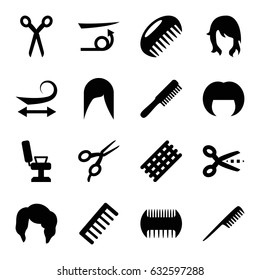 Haircut icons set. set of 16 haircut filled icons such as comb, barber scissors, woman hairstyle, barber chair, hair curler, curly hair, straight hair