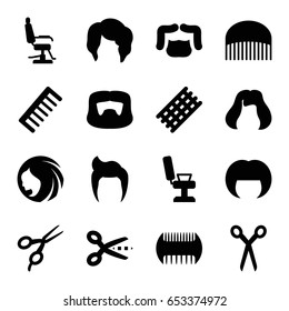 Haircut icons set. set of 16 haircut filled icons such as barber scissors, comb, man hairstyle, woman hairstyle, barber chair, hair curler, hairstyle