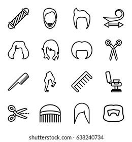 Haircut icons set. set of 16 haircut outline icons such as barber scissors, comb, man hairstyle, woman hairstyle, barber chair, hair curler, curly hair, hairstyle