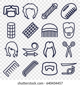 Haircut icons set. set of 16 haircut outline icons such as comb, barber scissors, woman hairstyle, hair curler, curly hair, straight hair, man hairstyle