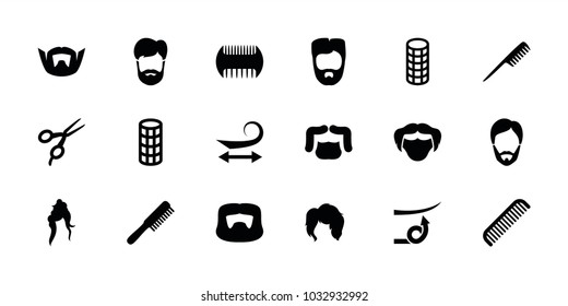 Haircut icons. set of 18 editable filled haircut icons: comb, barber scissors, curly hair, man hairstyle, hair curler, straight hair