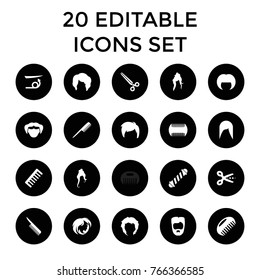 Haircut icons. set of 20 editable filled haircut icons such as comb, hair curler, straight hair, woman hairstyle, man hairstyle, hairstyle, scissors