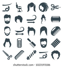 Haircut icons. set of 25 editable filled haircut icons such as comb, man hairstyle, woman hairstyle, hair curler, curly hair, straight hair, hairstyle, barber scissors