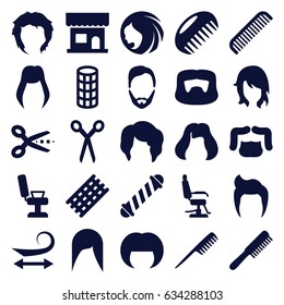 Haircut icons set. set of 25 haircut filled icons such as comb, barber scissors, woman hairstyle, man hairstyle, beauty salon, barber chair, hair curler, curly hair, hairstyle