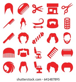 Haircut icons set. set of 25 haircut filled icons such as comb, woman hairstyle, barber scissors, beauty salon, barber chair, hair curler, curly hair, man hairstyle, hairstyle