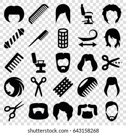 Haircut icons set. set of 25 haircut filled icons such as comb, barber scissors, woman hairstyle, barber chair, hair curler, curly hair, man hairstyle, hairstyle