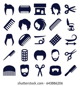 Haircut icons set. set of 25 haircut filled icons such as comb, barber scissors, woman hairstyle, man hairstyle, beauty salon, barber chair, hair curler, curly hair