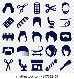 Haircut icons set. set of 25 haircut filled icons such as barber scissors, comb, woman hairstyle, man hairstyle, beauty salon, barber chair, hair curler, curly hair