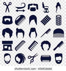 Haircut icons set. set of 25 haircut filled icons such as comb, barber scissors, woman hairstyle, man hairstyle, beauty salon, barber chair, hair curler, curly hair