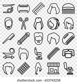 Haircut icons set. set of 25 haircut outline icons such as comb, barber scissors, woman hairstyle, man hairstyle, beauty salon, barber chair, hair curler, curly hair