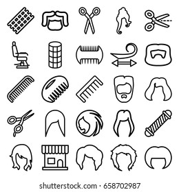 Haircut icons set. set of 25 haircut outline icons such as comb, barber scissors, woman hairstyle, beauty salon, barber chair, hair curler, curly hair, man hairstyle