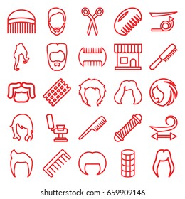 Haircut icons set. set of 25 haircut outline icons such as comb, barber scissors, woman hairstyle, man hairstyle, beauty salon, barber chair, hair curler, curly hair