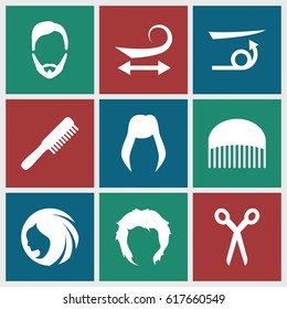 Haircut icons set. set of 9 haircut filled icons such as barber scissors, comb, woman hairstyle, curly hair, straight hair, man hairstyle