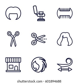 haircut icons set. Set of 9 haircut outline icons such as barber scissors, comb, woman hairstyle, beauty salon, barber chair, curly hair, hairstyle