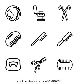 Haircut icons set. set of 9 haircut outline icons such as comb, barber scissors, woman hairstyle, barber chair