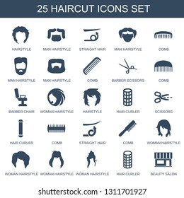 haircut icons. Trendy 25 haircut icons. Contain icons such as hairstyle, man hairstyle, straight hair, comb, barber scissors, barber chair, woman hairstyle. haircut icon for web and mobile.