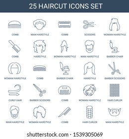 haircut icons. Trendy 25 haircut icons. Contain icons such as comb, man hairstyle, scissors, woman hairstyle, hairstyle, barber chair, barber scissors. haircut icon for web and mobile.