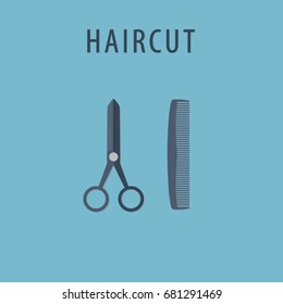 Haircut Illustration. Flat Scissor And Comb in Retro Style