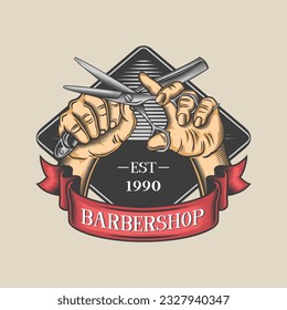 Haarschnitt-Logo, Friseur-Logo, Friseur-Shop, Logo-Hand, Schere, Vektorhaircut-Logo