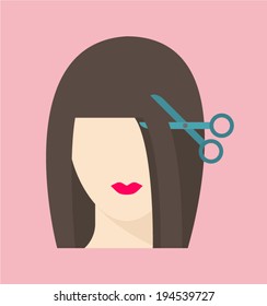 Haircut process, hairdressing salon, young woman cutting her hair. Flat design vector illustration