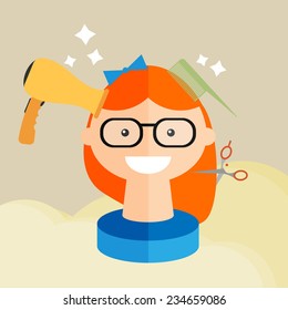 Haircut process, hairdressing salon, young woman cutting her hair. Flat design vector illustration