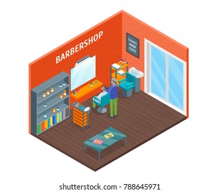 Haircut Room Interior with Furniture Isometric View Hairstyle and Grooming Service Fashion Business. Vector illustration of Barber Shop Studio