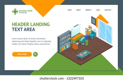 Haircut Room Interior Landing Web Page Template Isometric View Hairstyle and Grooming Service Fashion Business. Vector illustration of Barber Shop Studio