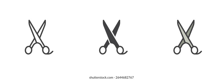 Haircut scissors icon in three styles: outline, solid, and filled outline. Vector barbershop icon and classic grooming tool symbol for stylists and salons.