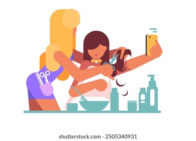 Haircut Selfie Moment. Vector illustration of hairdresser cutting hair while client takes a selfie