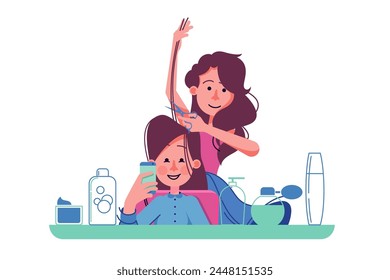 Haircut Session Illustration, vector. A scene of hair styling with obscured faces.