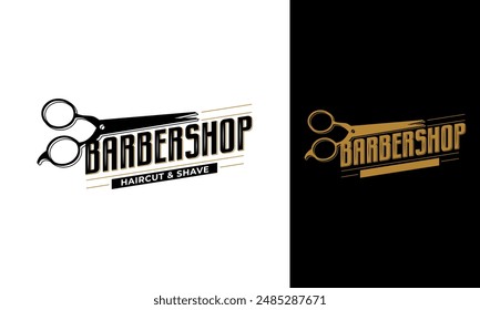 Haarschnitt und Rasieren Logo Design. Friseurshop-Symbol mit Scherenkonzept. Retro-Salon-Symbol