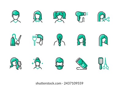 Haircuts and hairstyles - set of line design style icons isolated on white background. High quality images of hair coloring, hairdresser and barber services, shaving, styling, beard and mustache