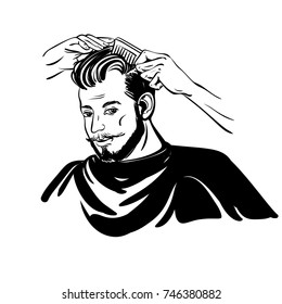 Haircuts process. The hands of the hairdresser comb the hair of a man. Retro drawing. Vector illustration
 