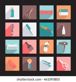 haircutting tool Flat icons  Beauty salon  icon set. Hairdresser styling accessories. 