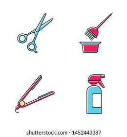Hairdress color icons set. Haircut, hair dyeing, straightening. Scissors, coloring tools, straightener, spray bottle. Barbershop, beauty salon services. Hairstyling. Isolated vector illustrations