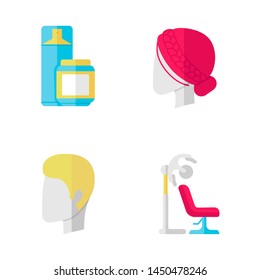 Hairdress flat design long shadow color icons set. Haircut, drying, styling. Hairspray and styling gel, stand hairdryer, man and woman hairstyle. Vector silhouette illustrations