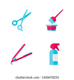 Hairdress flat design long shadow color icons set. Haircut, hair dyeing, straightening. Scissors, coloring tools, straightener, spray bottle. Barbershop services. Vector silhouette illustrations