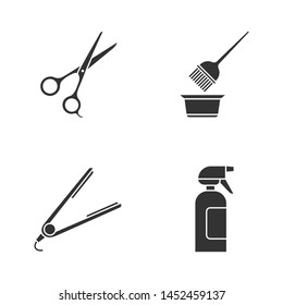 Hairdress glyph icons set. Haircut, hair dyeing, straightening. Scissors, coloring tools, straightener, spray bottle. Barbershop. Hairstyling. Silhouette symbols. Vector isolated illustration