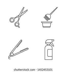 Hairdress linear icons set. Scissors, coloring tools, straightener, spray bottle. Beauty salon services. Hairstyling. Thin line contour symbols. Isolated vector outline illustrations. Editable stroke