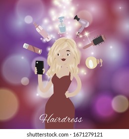 Hairdress salon, beauty studio bokeh background, girl with beautiful hair taking selthy, tools, fan, brushes and shampoo vector illustration. Beauty salon or hairdress barbershop poster.