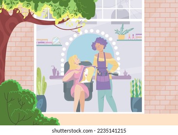 Hairdresse work at beauty salon, vector illustration, service for woman customer charcater in chair, client show hairdo at magazine