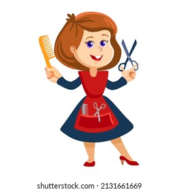 Hairdresser in apron with tools. Cartoon vector illustration