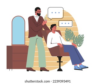 Hairdresser or barber concept. Young male hairstylist holds scissors and makes stylish haircut for client. Character works in barbershop or hairdressing salon. Cartoon flat vector illustration