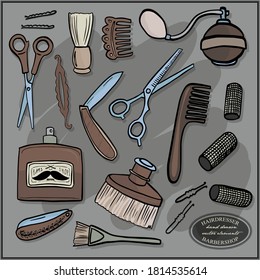 hairdresser barber element set hand drawn vector illustration colorful objects isolated on dark background