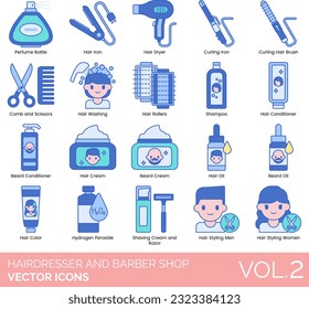 Hairdresser and Barber Shop Icons including Bald Cap Wig, Barber Chair, Barbershop, Barber's Pole, Beard Clipper Trimmer, Conditioner, Cream, Oil, Reshape, Styling
