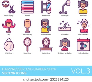 Hairdresser and Barber Shop Icons including Bald Cap Wig, Barber Chair, Barbershop, Barber's Pole, Beard Clipper Trimmer, Conditioner, Cream, Oil, Reshape, Styling
